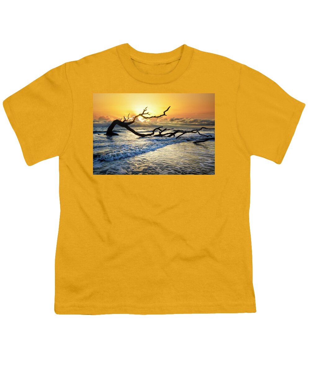 Clouds Youth T-Shirt featuring the photograph Incoming Waves at Driftwood Beach Jekyll Island by Debra and Dave Vanderlaan