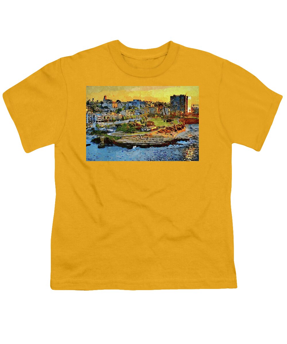 La Jolla Youth T-Shirt featuring the painting La Jolla Village at Sunset by Russ Harris