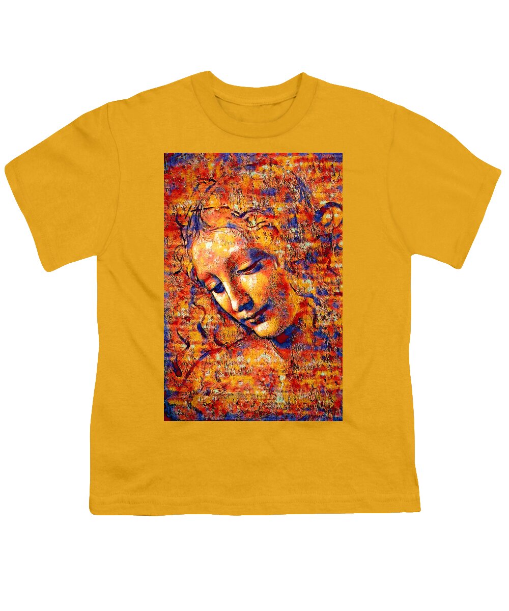 La Scapigliata Youth T-Shirt featuring the digital art La Scapigliata, 'The Lady with Dishevelled Hair', by Leonardo da Vinci - colorful dark orange by Nicko Prints