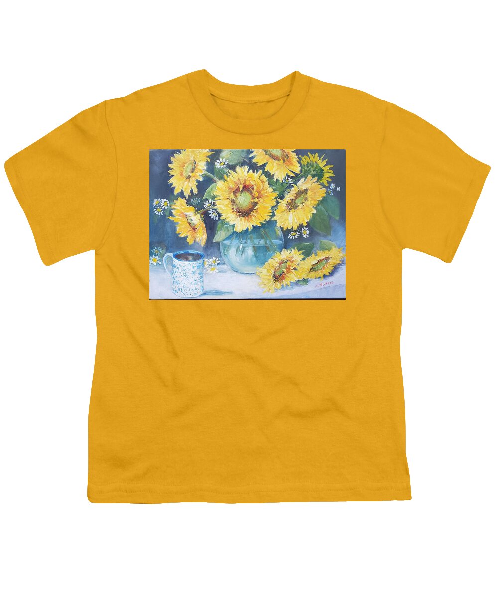 Sunflowers Autumn Coffee Harvest Youth T-Shirt featuring the painting Mama's Cup with Sunflowers by ML McCormick
