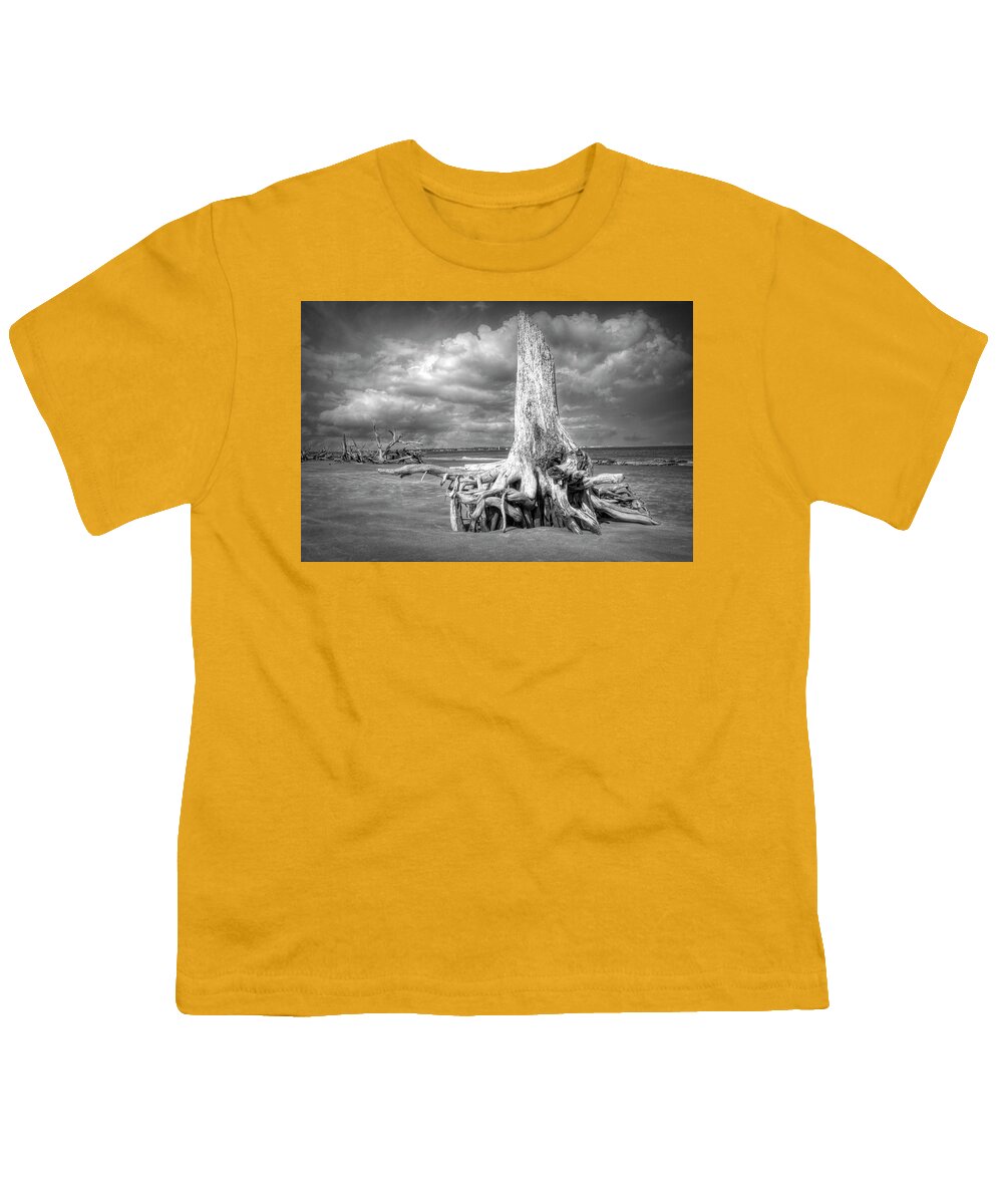 Clouds Youth T-Shirt featuring the photograph On Driftwood Beach at Low Tide Black and White by Debra and Dave Vanderlaan