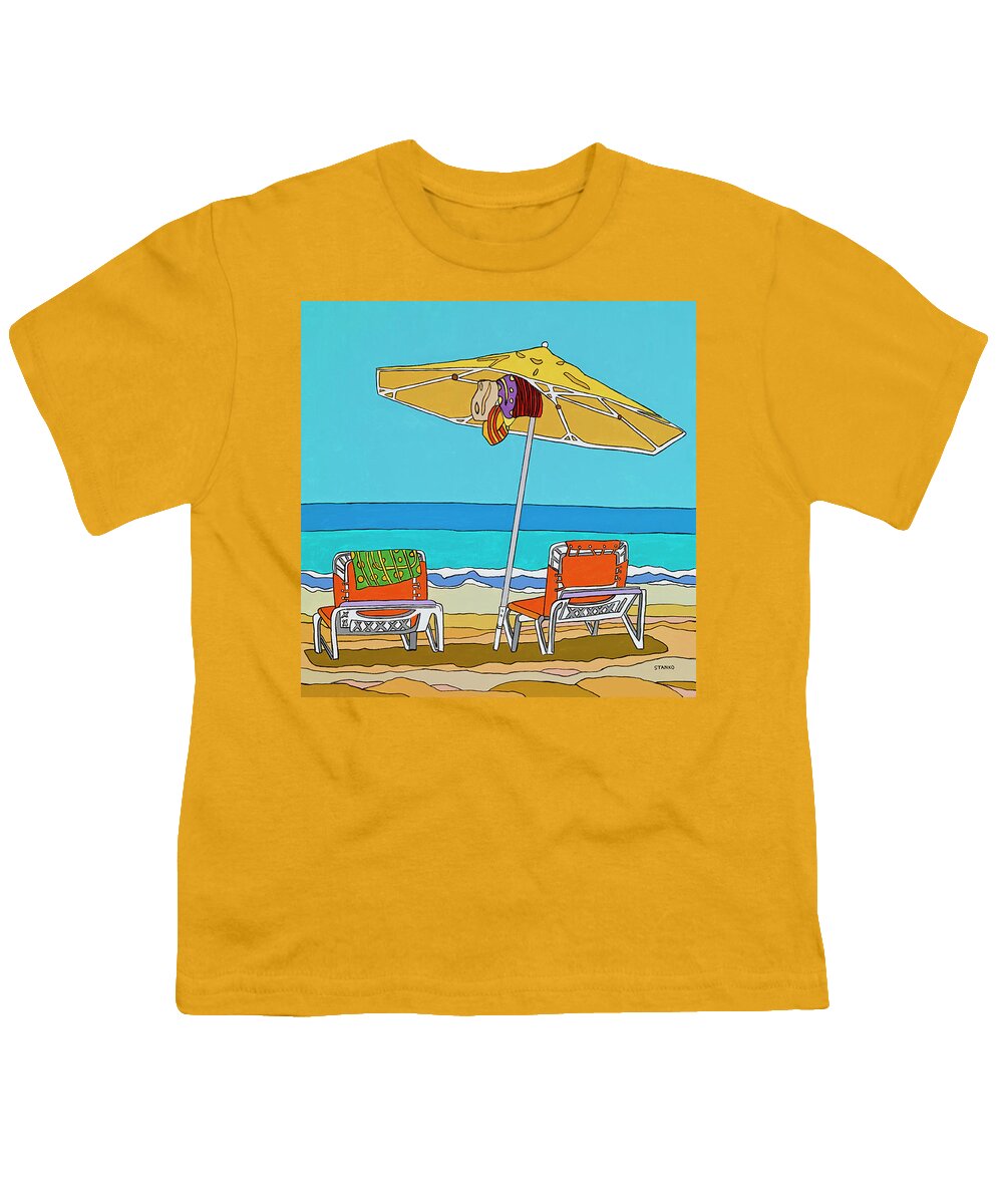 Beach Chairs Sand Ocean Water Summer Umbrella Youth T-Shirt featuring the painting The yellow umbrella by Mike Stanko