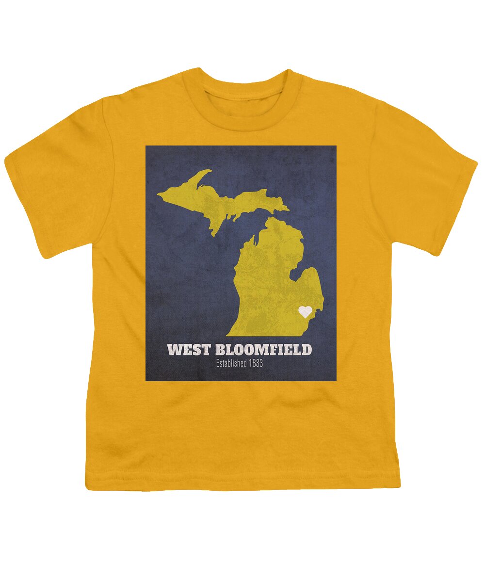 West Bloomfield Youth T-Shirt featuring the mixed media West Bloomfield Michigan City Map Founded 1833 University of Michigan Color Palette by Design Turnpike