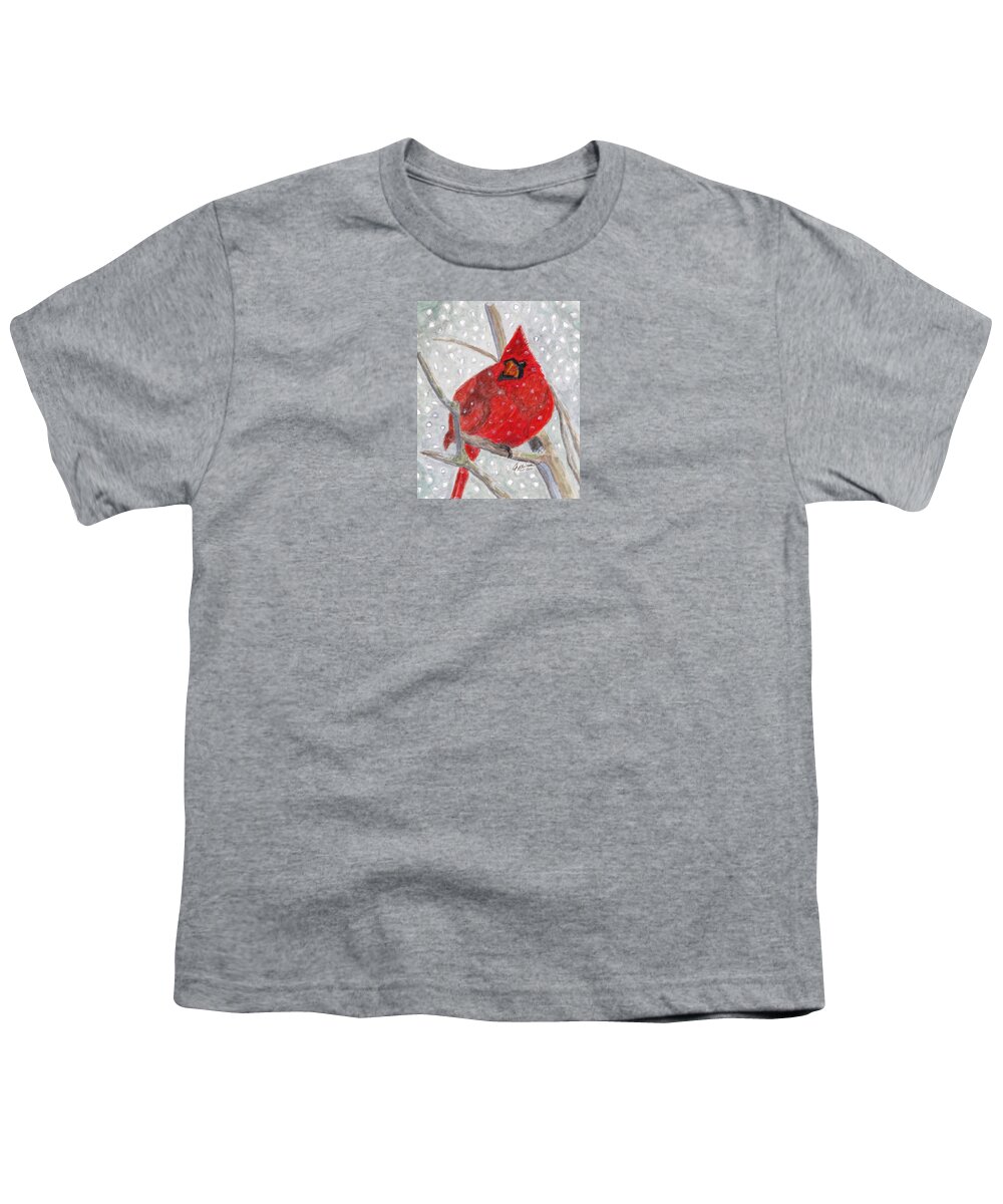 Cardinals Youth T-Shirt featuring the painting A Cardinal Winter by Angela Davies