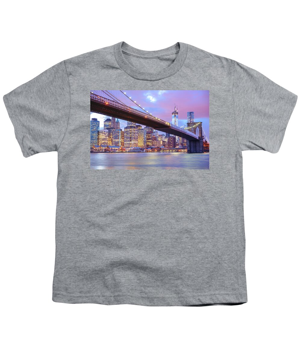 Nyc Youth T-Shirt featuring the photograph Brooklyn Bridge and New York City Skyscrapers by Vivienne Gucwa