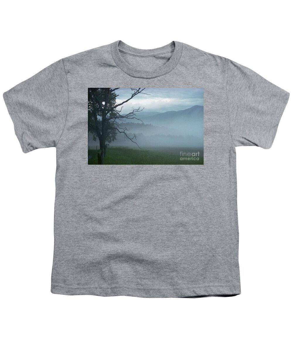 Green Youth T-Shirt featuring the photograph Cades Cove Fog Sunrise by Teri Atkins Brown