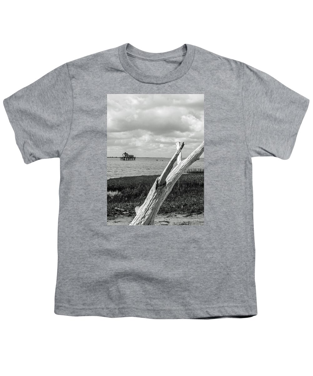 Assateague Youth T-Shirt featuring the photograph Chincoteague Oystershack BW Vertical by Photographic Arts And Design Studio