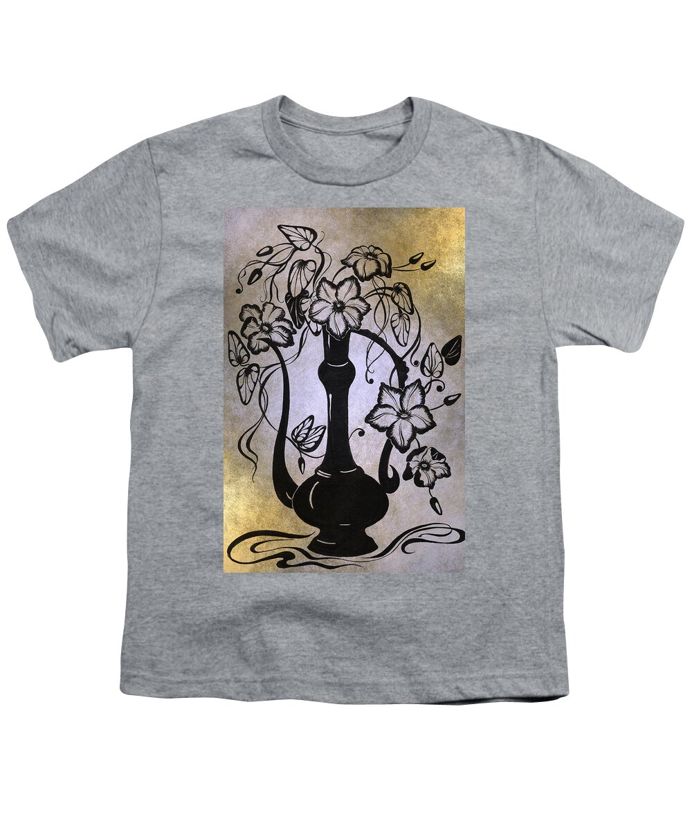 Clematis Youth T-Shirt featuring the drawing Clematises in Indian Pitcher. Golden by Jenny Rainbow