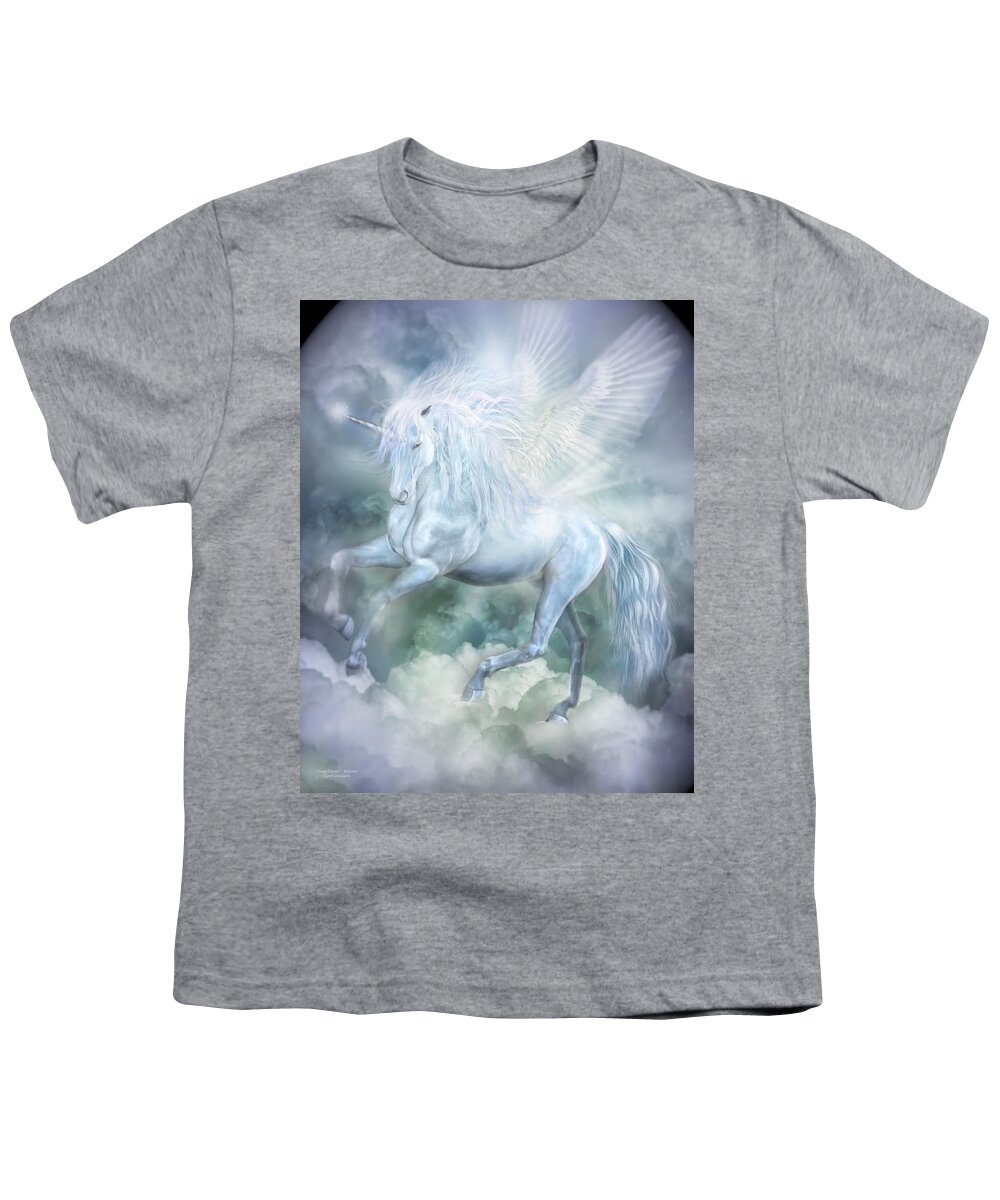 Unicorn Youth T-Shirt featuring the mixed media Unicorn Cloud Dancer by Carol Cavalaris