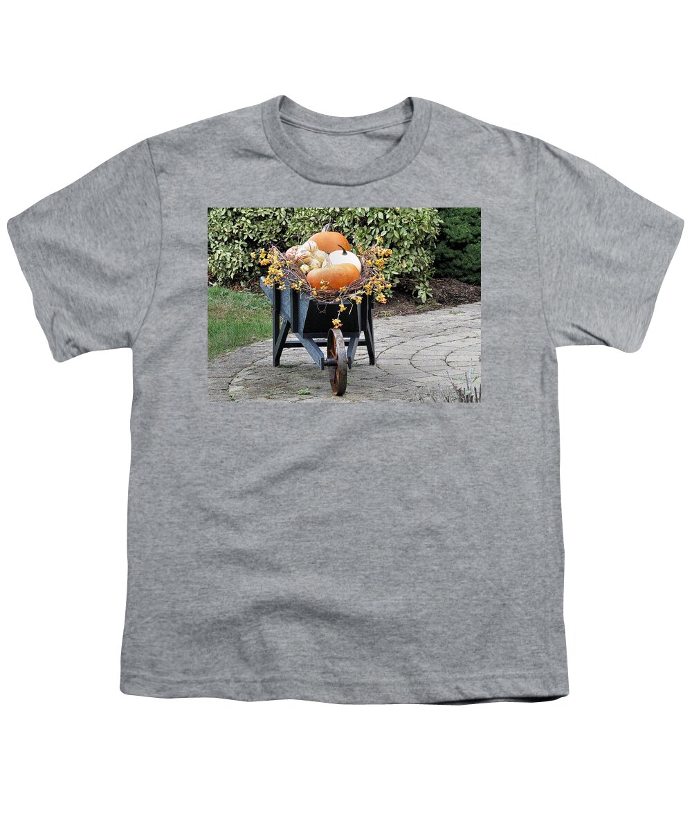 Wheelbarrow Youth T-Shirt featuring the photograph Fall Decorated Wheelbarrow by Janice Drew