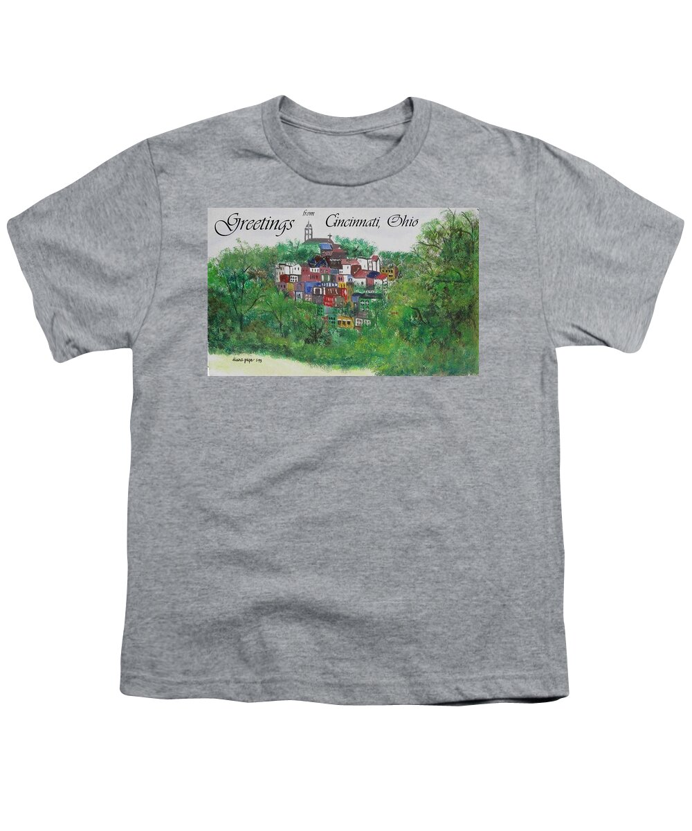 Mt. Adams Youth T-Shirt featuring the painting Greetings from Cincinnati Ohio by Diane Pape