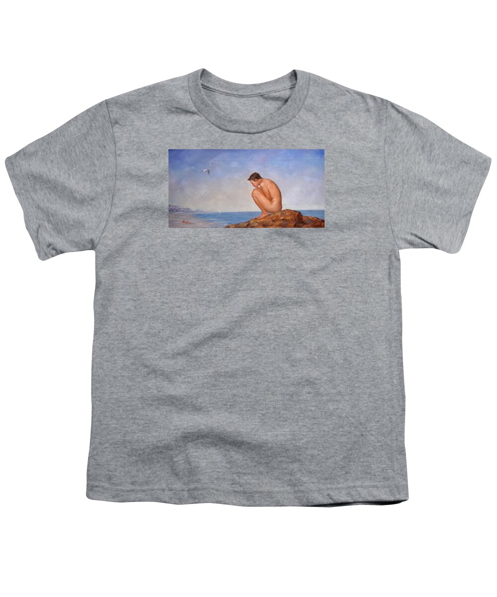 Original. Oil Painting Art Youth T-Shirt featuring the painting Original classic oil painting man body art-male nude and sea gull #16-2-4-06 by Hongtao Huang