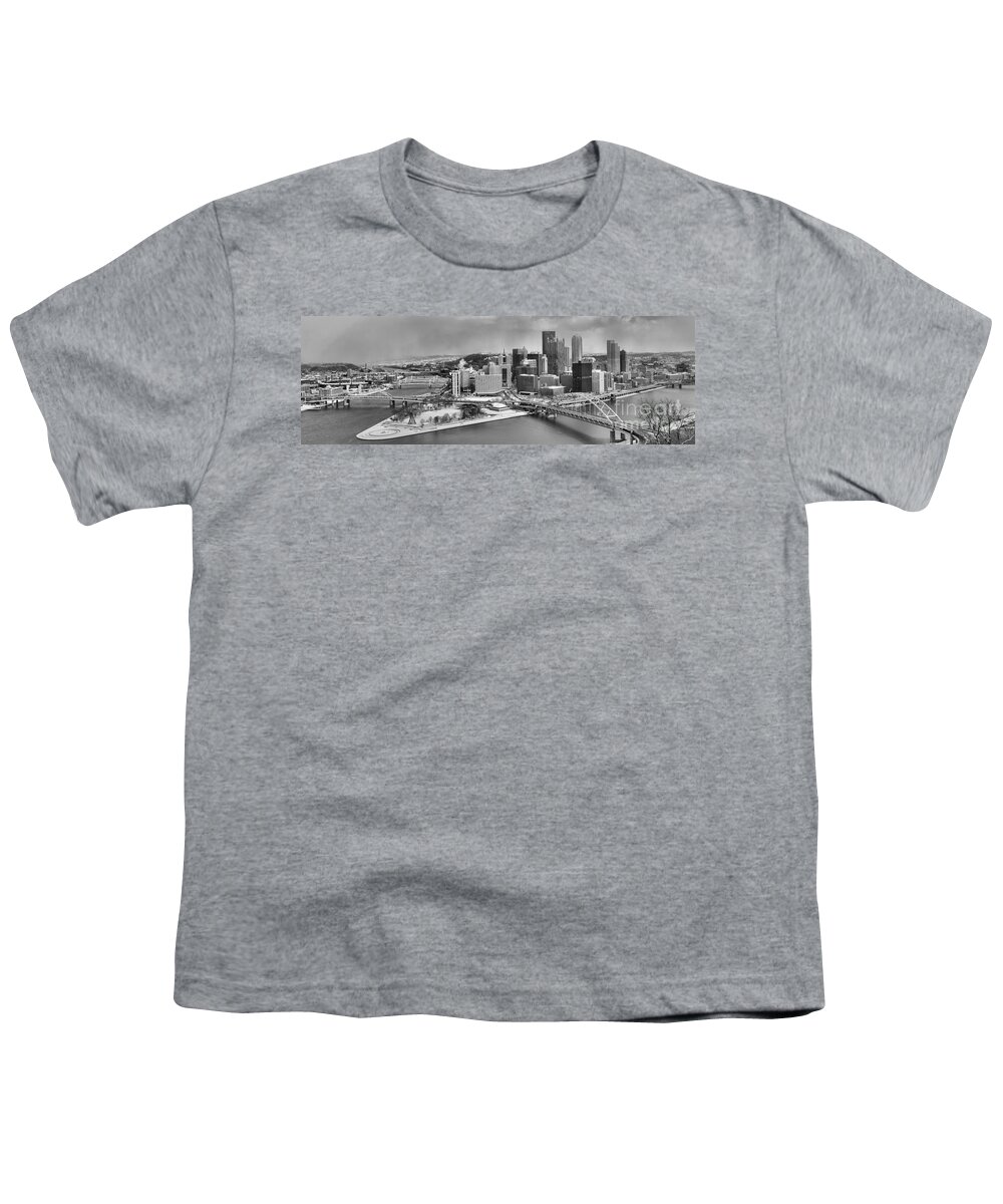Black And White Youth T-Shirt featuring the photograph Pittsburgh Black And White Winter Panorama by Adam Jewell