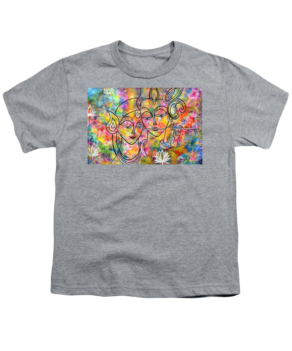 Holi Youth T-Shirt featuring the painting Radha Krishna Holi Abstract by Manjiri Kanvinde