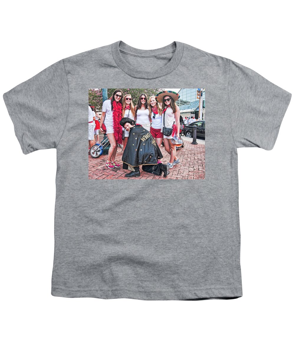 Women Youth T-Shirt featuring the photograph Runners and Elvis Who Dat at Running of the Bulls New Orleans by Kathleen K Parker