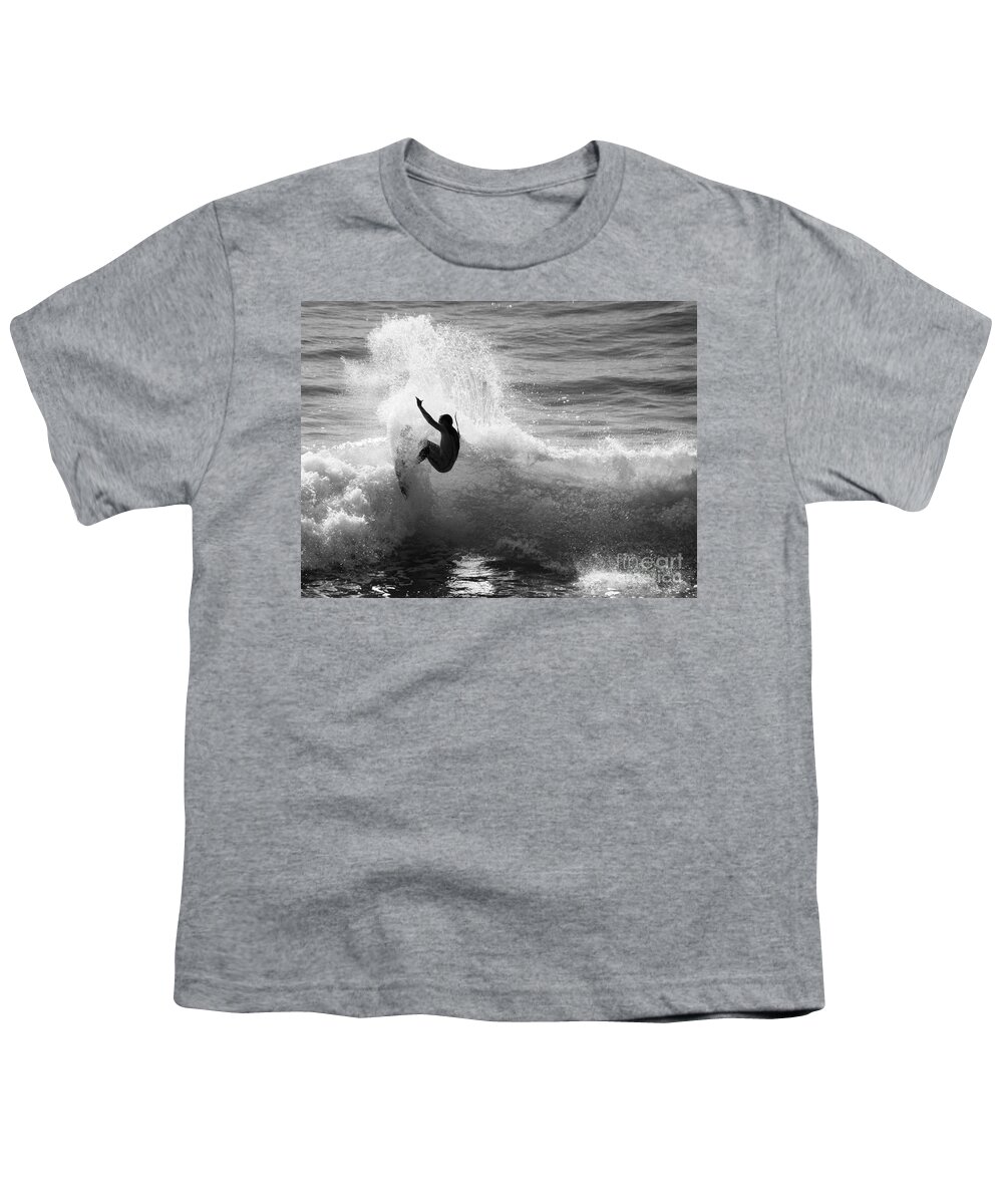 Surfing Youth T-Shirt featuring the photograph Santa Cruz Surfer Black and White by Paul Topp