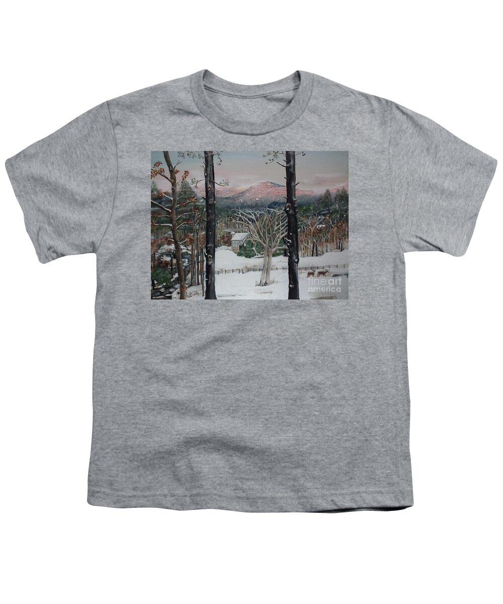 Winter.appalachian Youth T-Shirt featuring the painting Winter - Cabin - Pink Knob by Jan Dappen