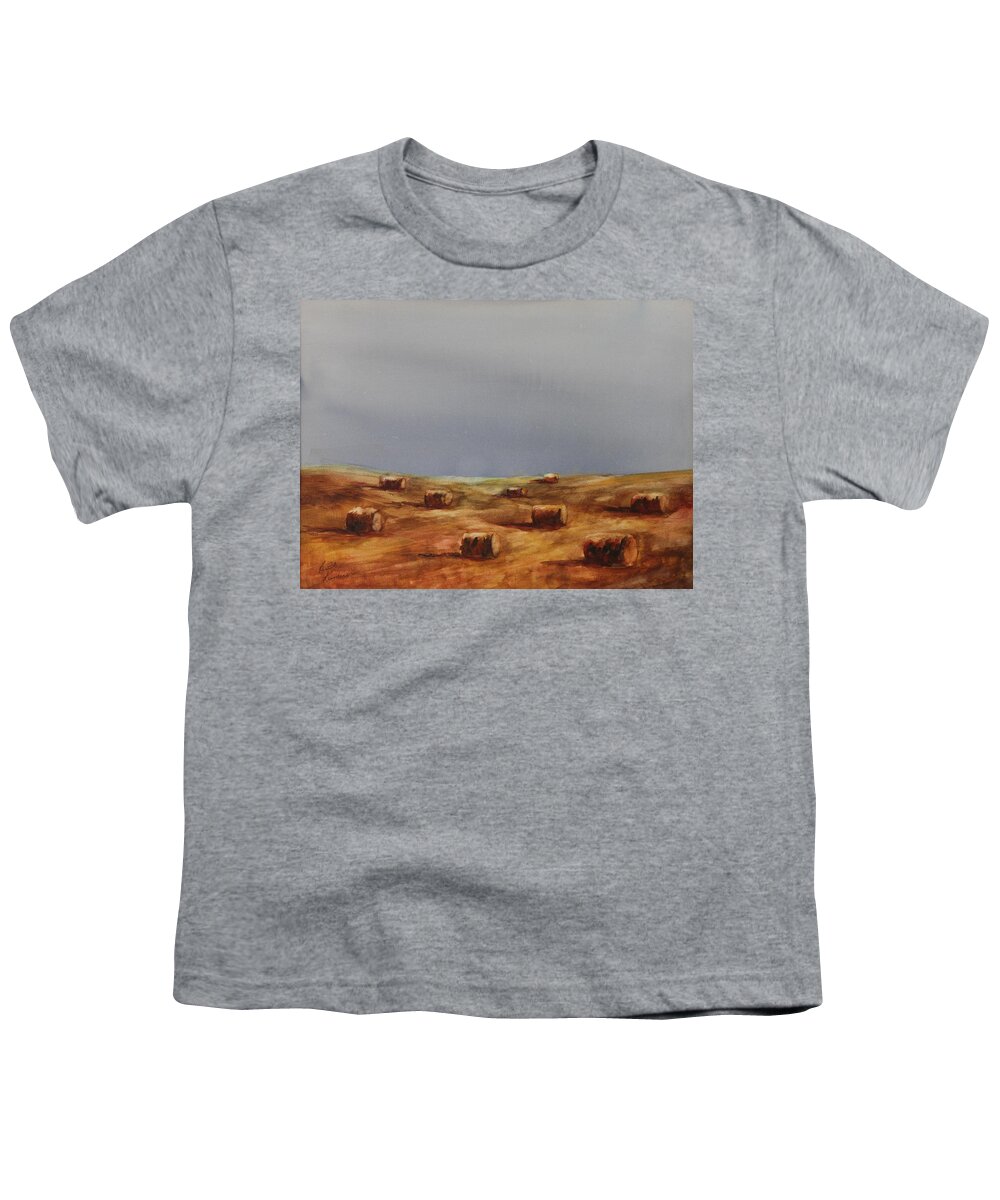 Bales Youth T-Shirt featuring the painting Hayfield by Ruth Kamenev