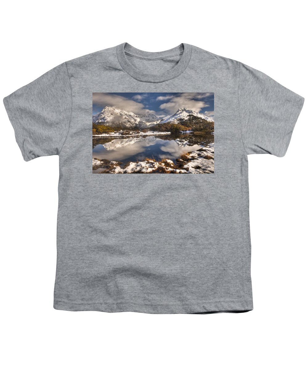 00446716 Youth T-Shirt featuring the photograph Winter Dawn Reflection Of Mount by Colin Monteath