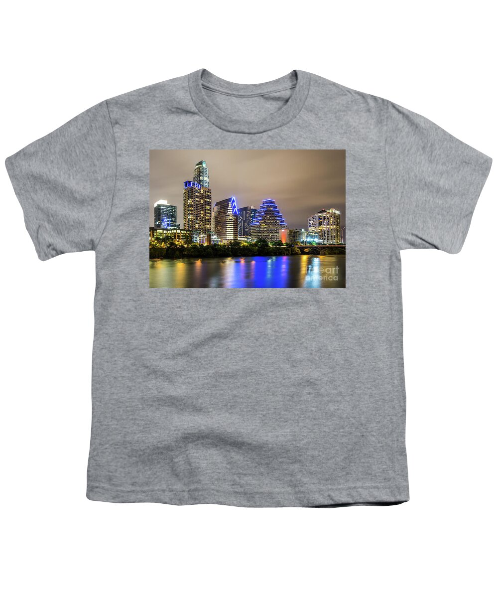 100 Congress Building Youth T-Shirt featuring the photograph Austin Skyine at Night #1 by Paul Velgos
