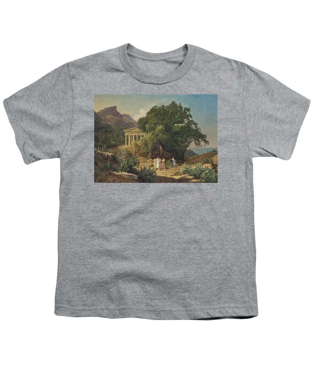 Ferdinand Georg Waldmuller Youth T-Shirt featuring the painting A Doric temple in Sicily with Castelmola by Georg Waldmuller