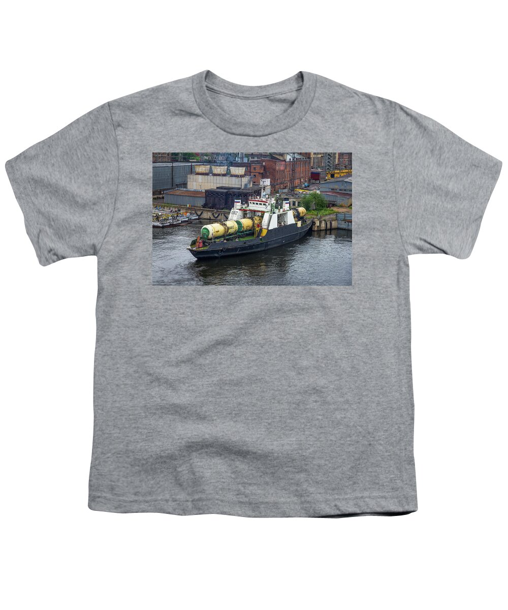 Clare Bambers Stokes Youth T-Shirt featuring the photograph A Train Ferry in St Petersburg Carrying Freight by Clare Bambers