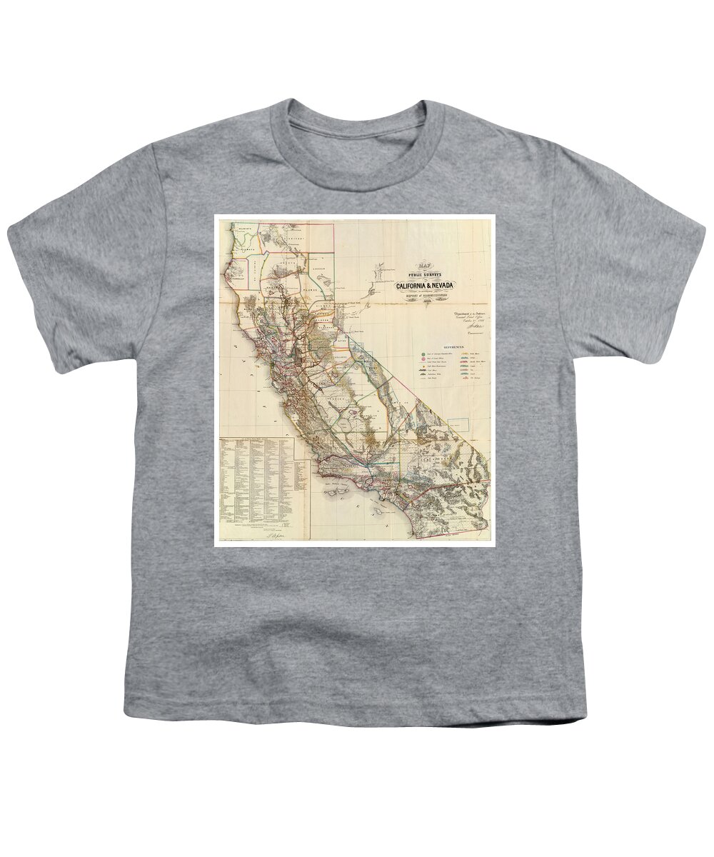 Antique Map Of California And Nevada Youth T-Shirt featuring the drawing Antique Maps - Old Cartographic maps - Antique Map of California and Nevada, 1866 by Studio Grafiikka