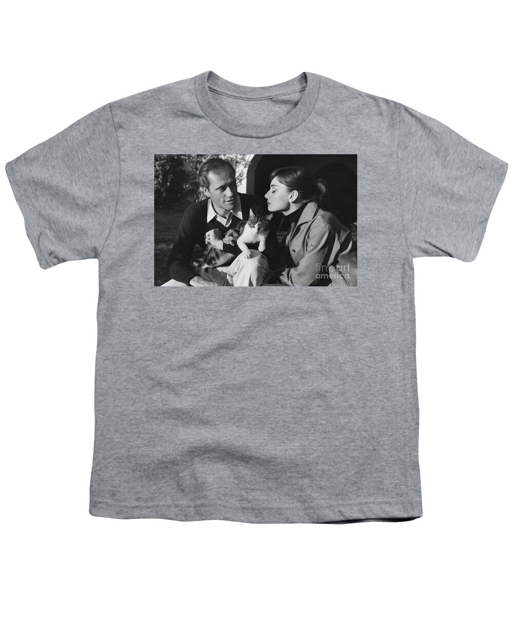 B&w Youth T-Shirt featuring the photograph Audrey Hepburn and Mel Ferrer by George Daniell