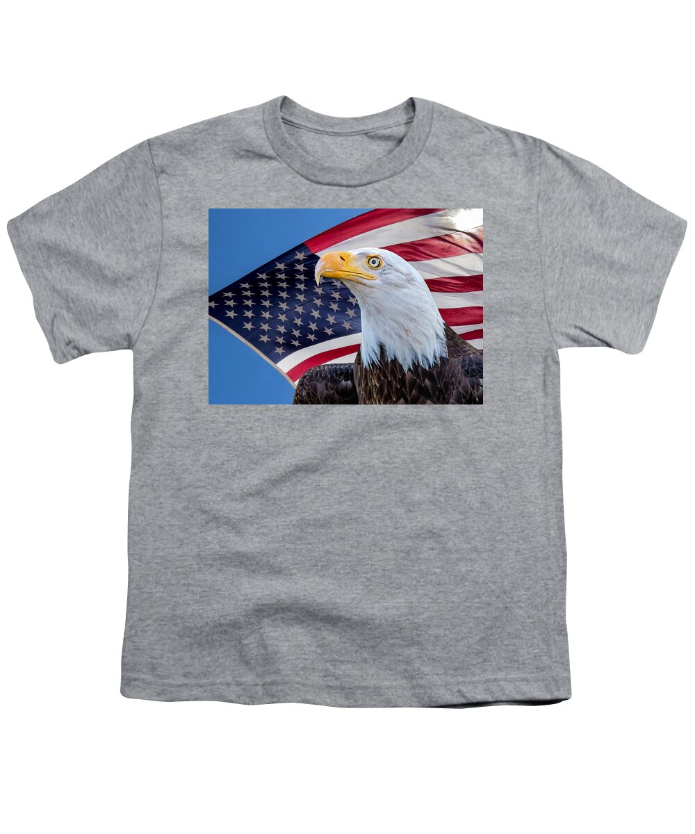 America Youth T-Shirt featuring the photograph Bald Eagle and American Flag by Dawn Key
