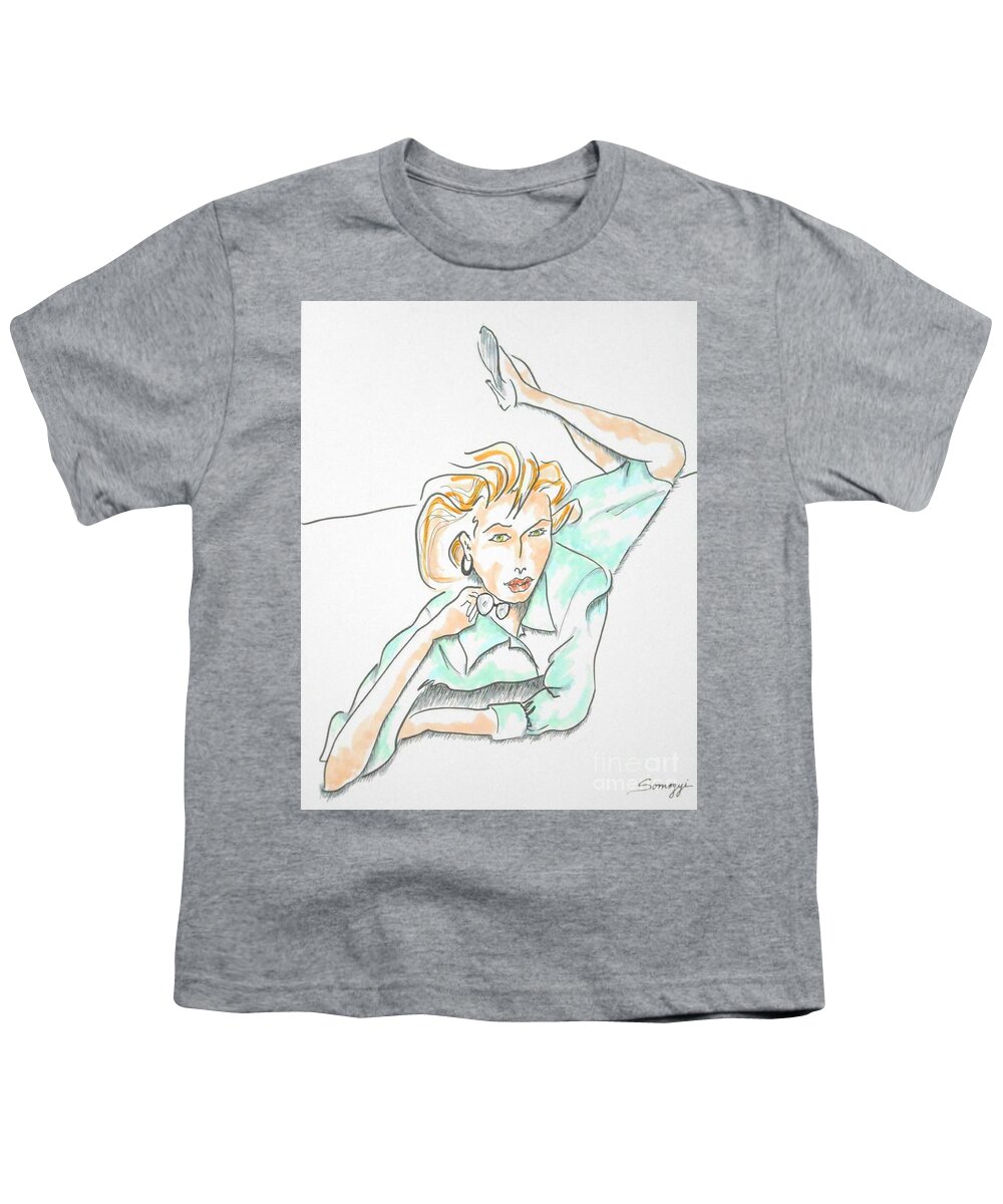 Pastel Colors Youth T-Shirt featuring the drawing Beautiful Woman, Reclining -- Portrait of Woman on Floor by Jayne Somogy