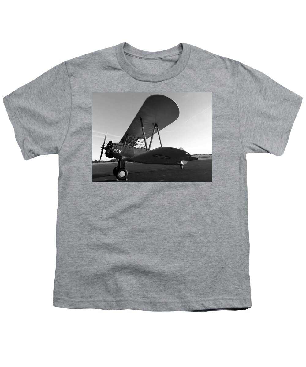Black And White Youth T-Shirt featuring the photograph Black and White Preston Aviations Boeing Stearman 001 by Christopher Mercer