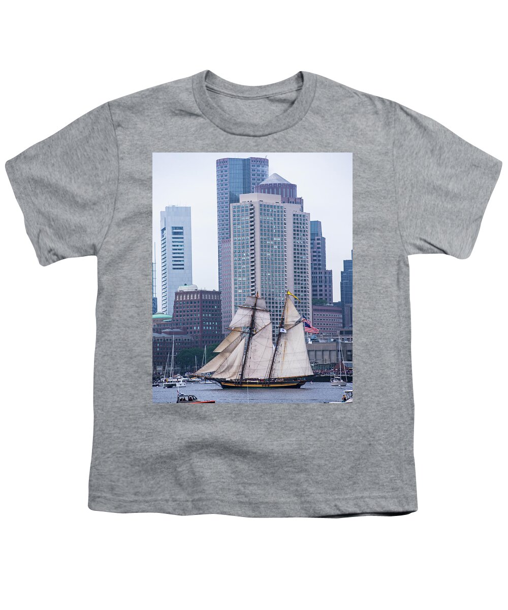 Boston Youth T-Shirt featuring the photograph Boston Tall Ship Beautiful Sails Boston MA Harbor Towers by Toby McGuire