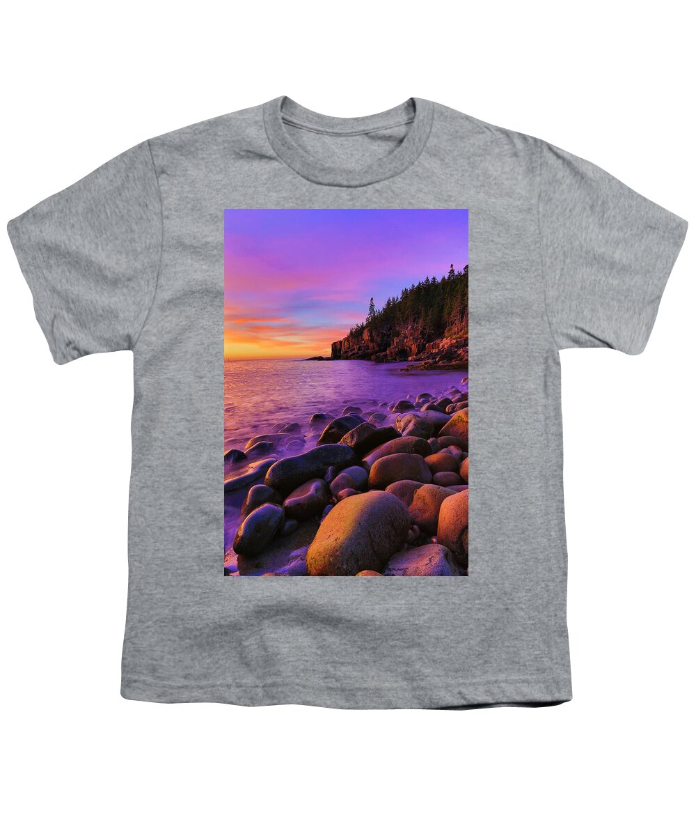Acadia Youth T-Shirt featuring the photograph Boulder Beach Sunrise by Nancy Dunivin