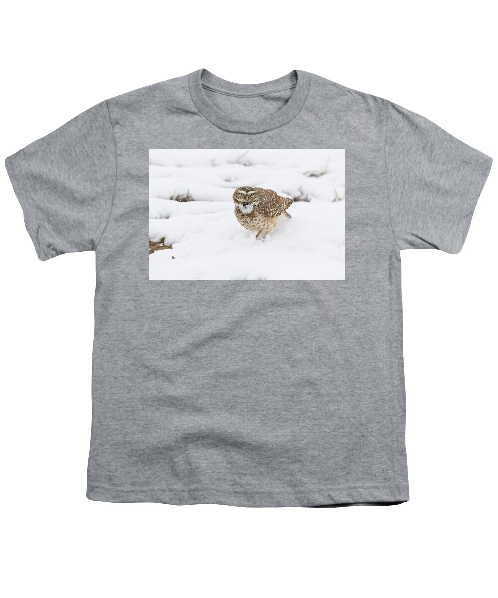Owl Youth T-Shirt featuring the photograph Burrowing Owl Calls in the Snow by Tony Hake