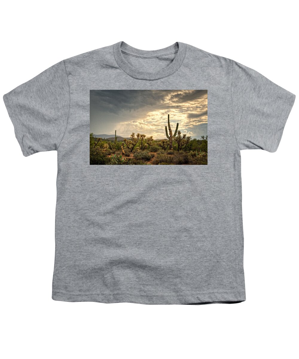 Arizona Youth T-Shirt featuring the photograph Cactus Man Greeting the Morning by Saija Lehtonen