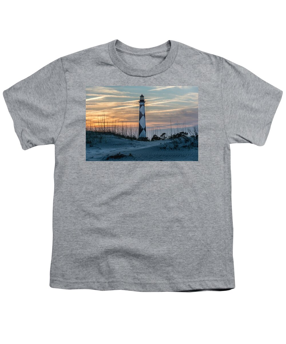 Cape Lookout Lighthouse Youth T-Shirt featuring the photograph Cape Lookout Lighthouse at sunset by WAZgriffin Digital