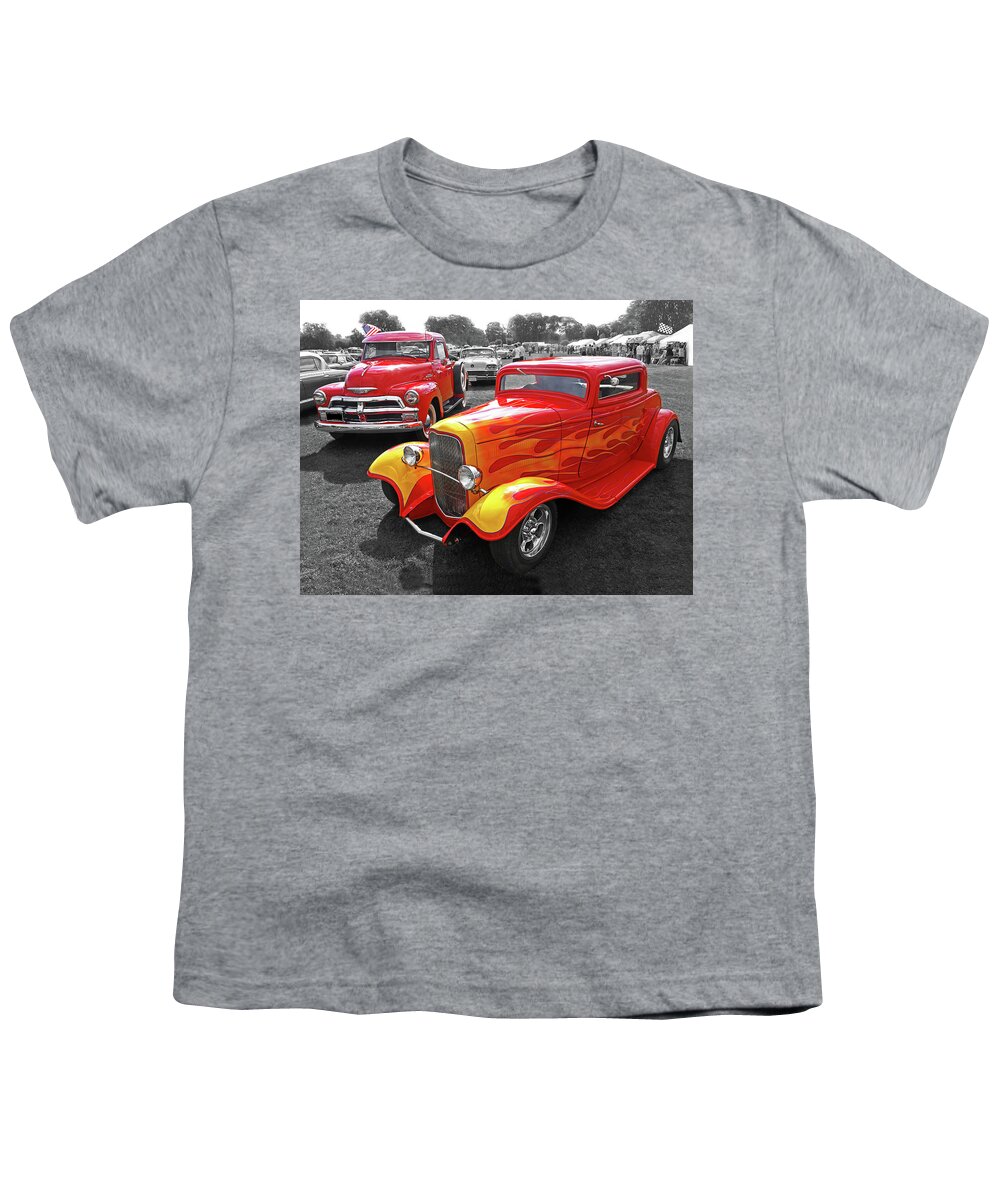 Ford Coupe Youth T-Shirt featuring the photograph Car Show Fever - 54 Chevy with A 32 Ford Coupe Hot Rod by Gill Billington