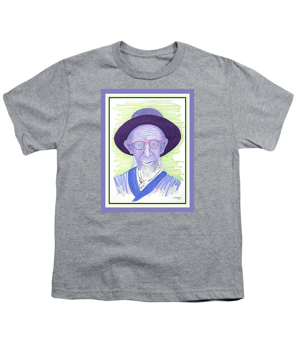 Chinese Youth T-Shirt featuring the drawing Caretaker, Chinese Palace -- Portrait of Old Asian Man by Jayne Somogy