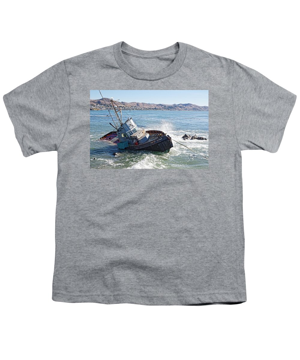 Darin Volpe Ships And Boats Youth T-Shirt featuring the photograph Catch of the Day -- Abandoned Fishing Boat in Cayucos, California by Darin Volpe
