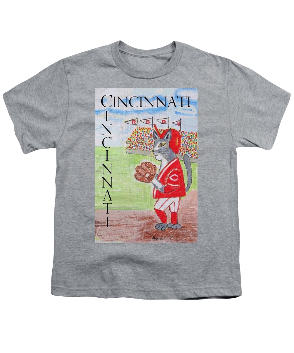 Cincinnati Youth T-Shirt featuring the painting Cinci Reds Cat by Diane Pape