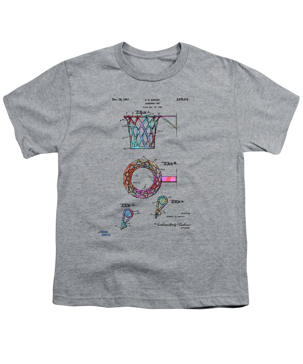 Basketball Youth T-Shirt featuring the digital art Colorful 1951 Basketball Net Patent Artwork by Nikki Marie Smith