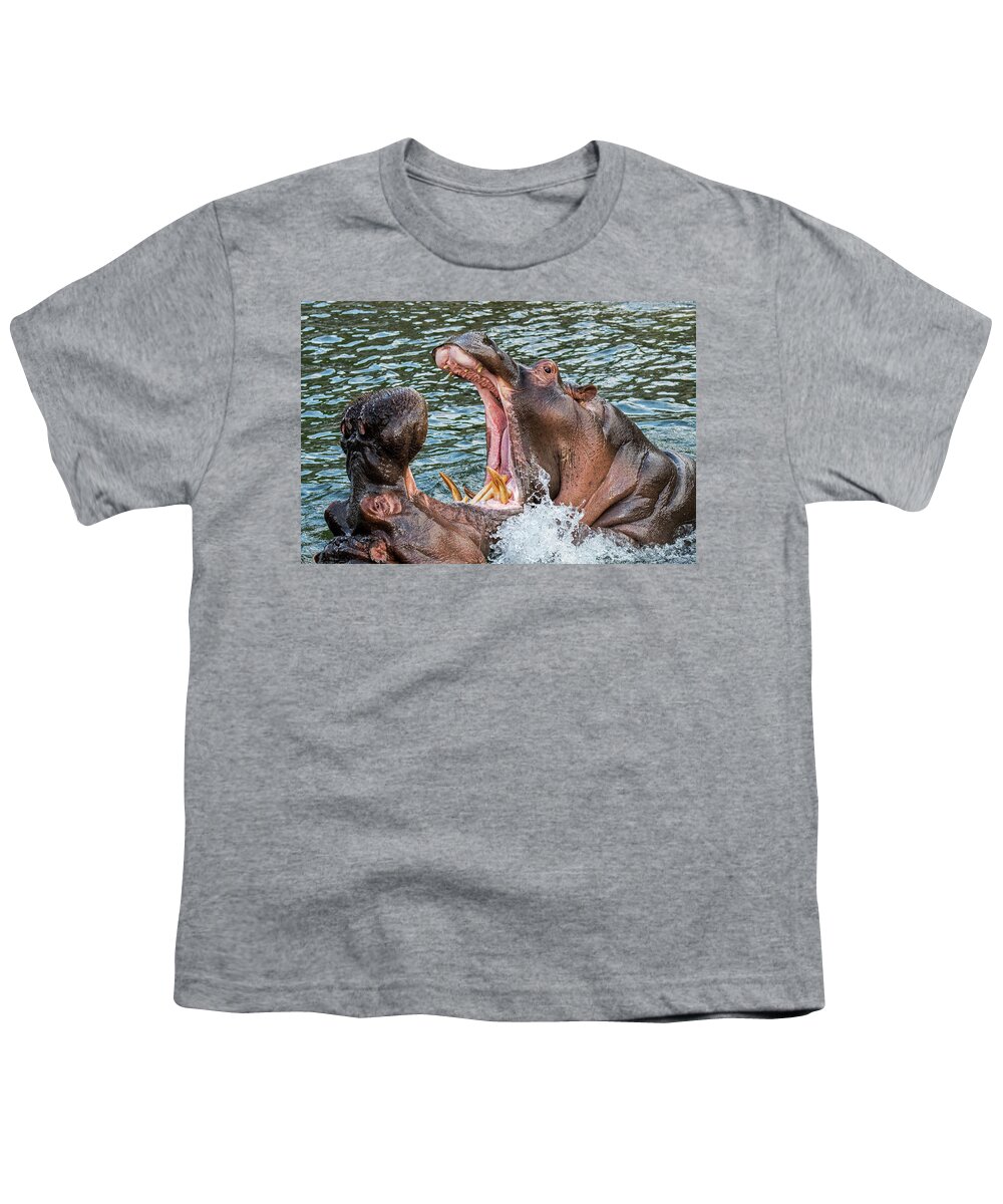 Two Youth T-Shirt featuring the photograph Fighting Hippos by Arterra Picture Library