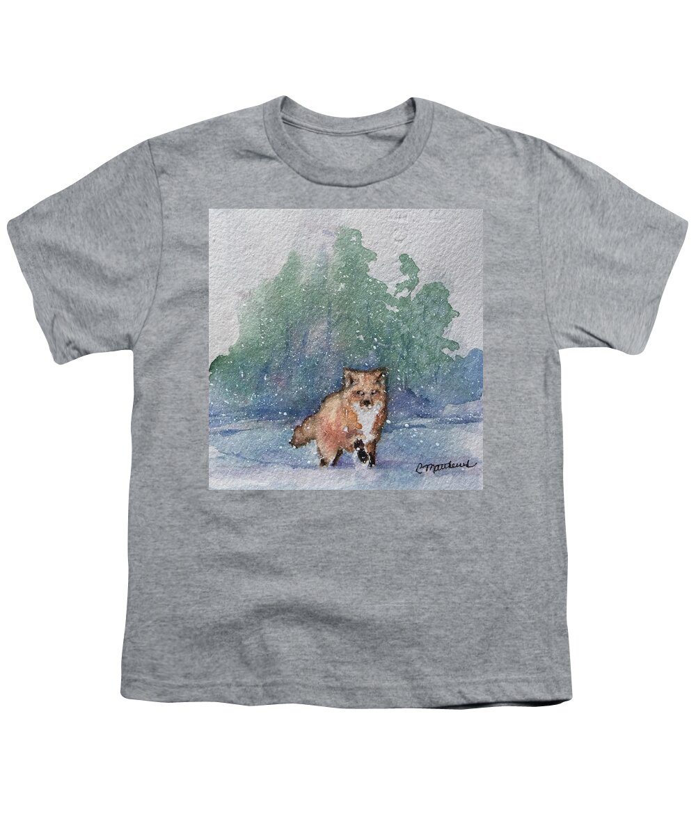 Christmas Cards By Rebecca Matthews Youth T-Shirt featuring the painting Fox in snow by Rebecca Matthews