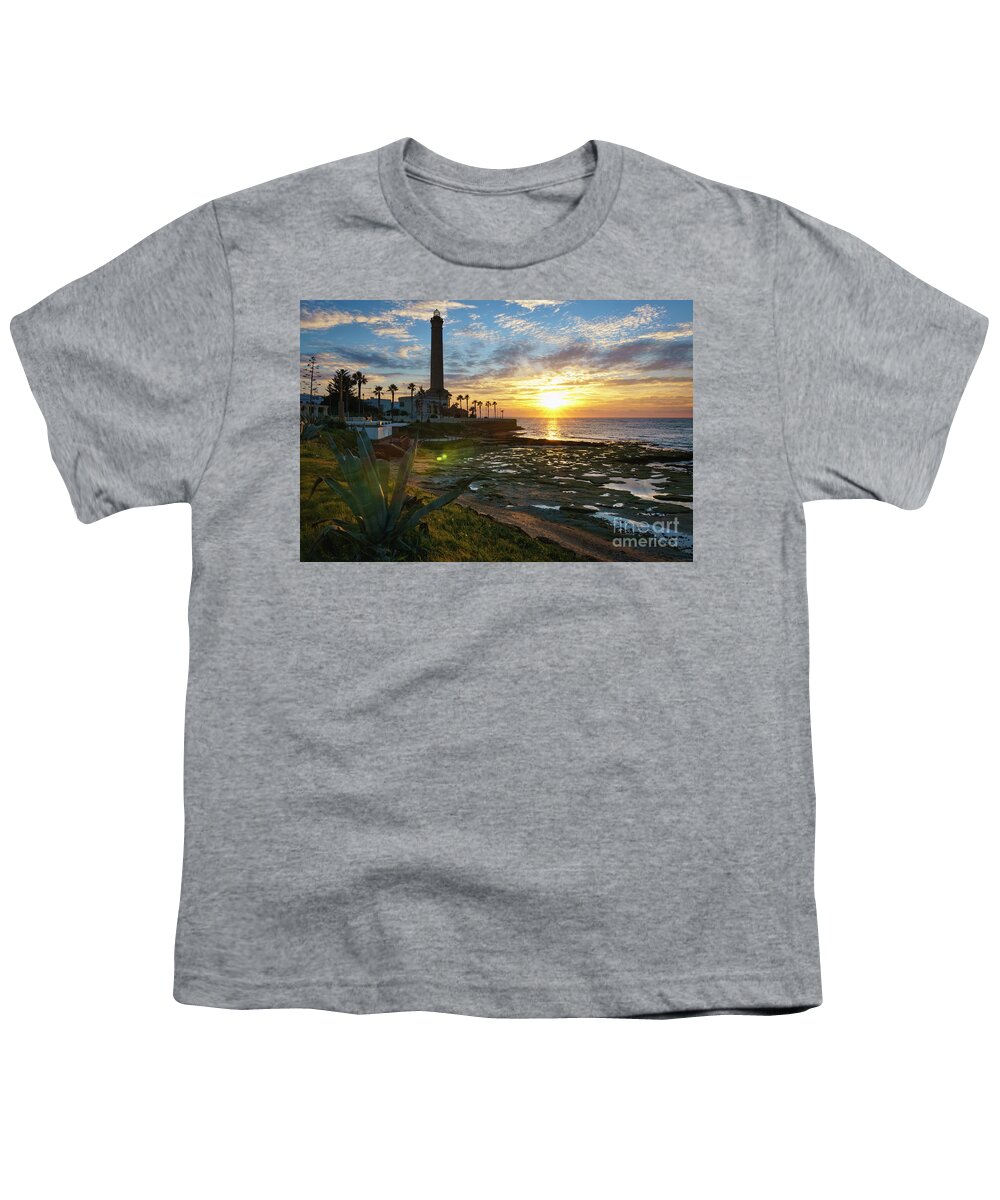 Andalucia Youth T-Shirt featuring the photograph Flaring Sun at Chipiona Lighthouse Cadiz Spain by Pablo Avanzini