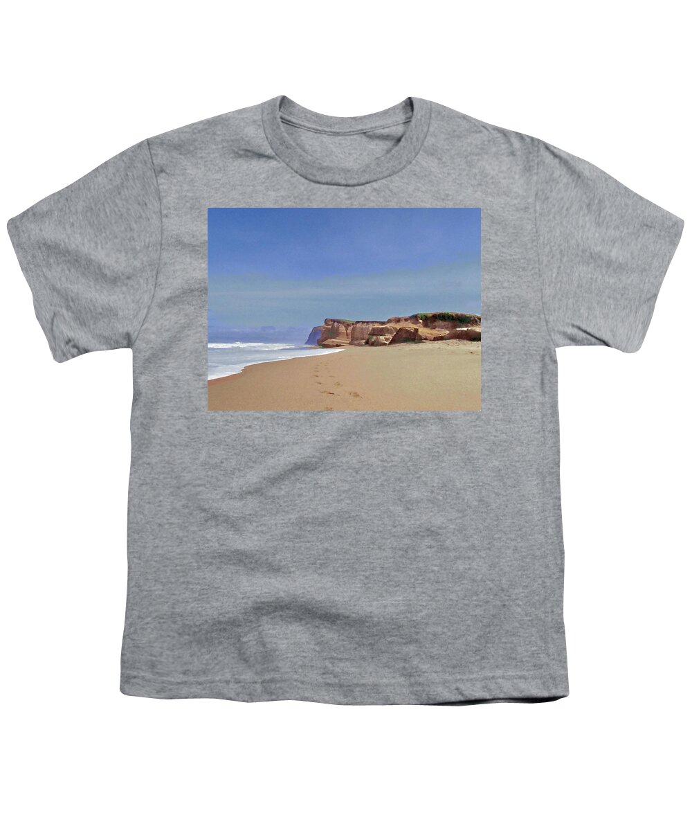 Seascape Youth T-Shirt featuring the digital art Foot Prints and Sand Cliffs by Richard Thomas