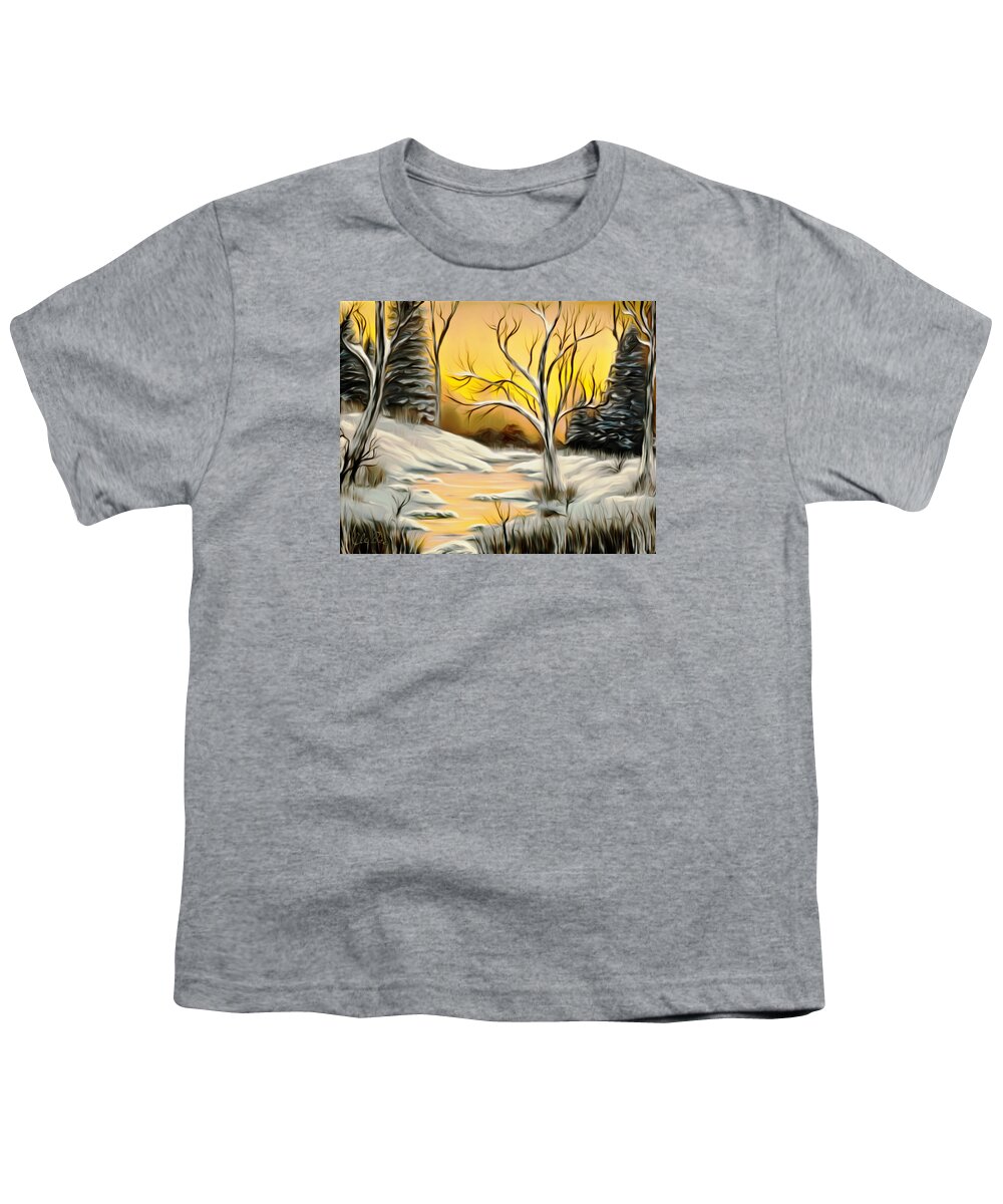 Winter Youth T-Shirt featuring the painting Golden Birch By Crystal Creek Winter Mirage by Claude Beaulac