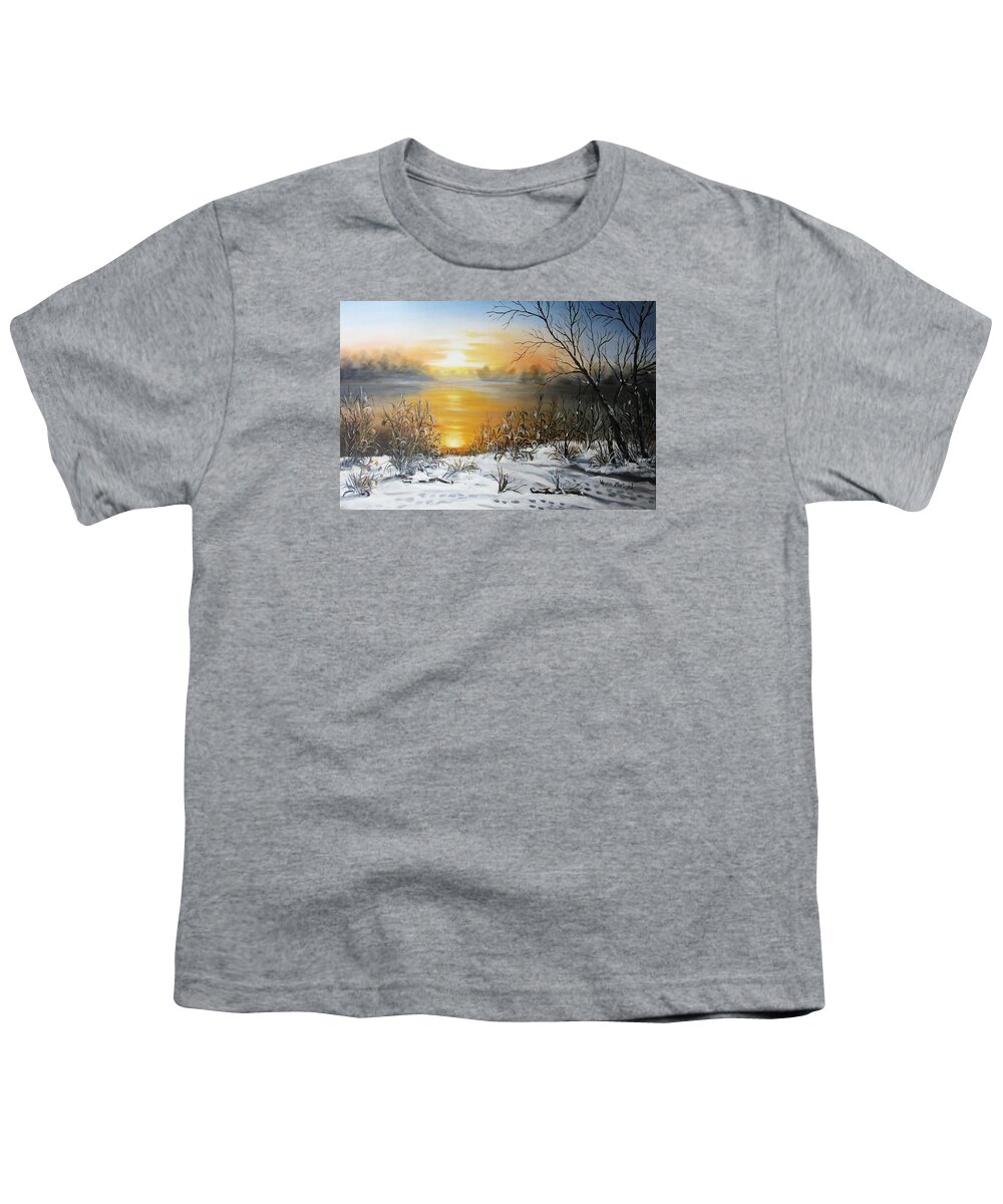 Landscape Youth T-Shirt featuring the painting Golden lake sunrise by Vesna Martinjak