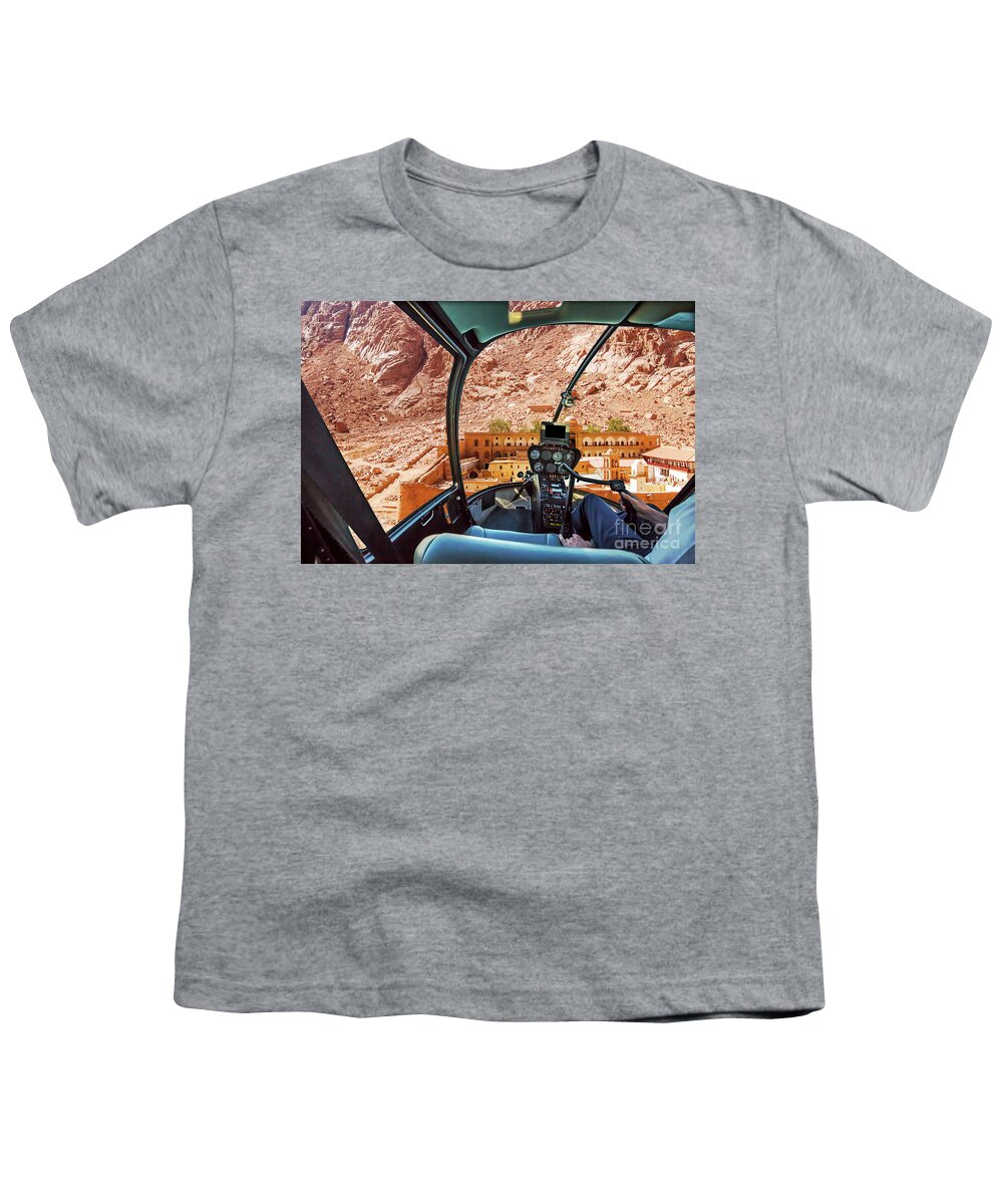 Mount Sinai Youth T-Shirt featuring the photograph Helicopter on Monastery of St Catherine by Benny Marty