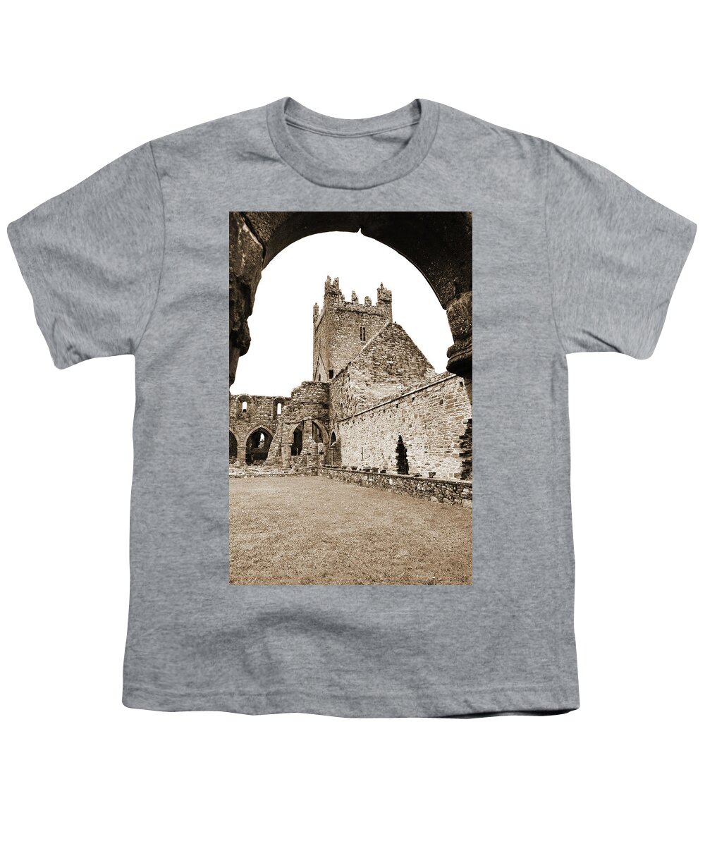 Jerpoint Youth T-Shirt featuring the photograph Jerpoint Abbey Church Tower Under Cloister Arch County Kilkenny Ireland Sepia by Shawn O'Brien