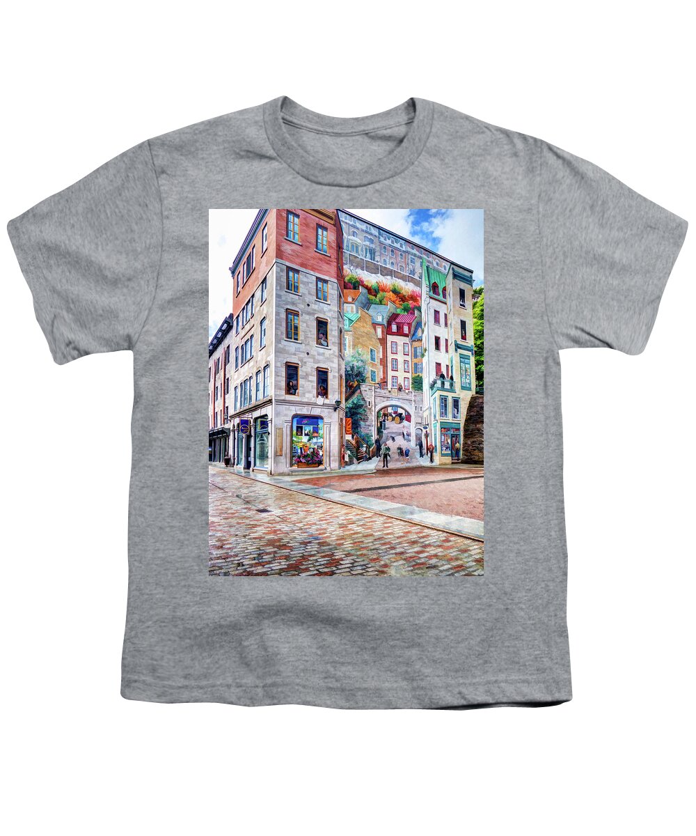 Quebec City Youth T-Shirt featuring the photograph La Fresque des Quebecois by David Thompsen